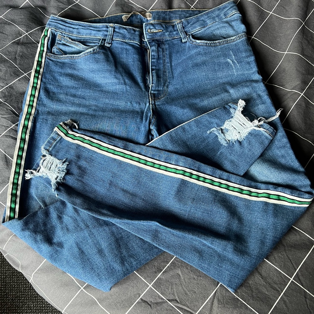 EUC - Zara Blue Skinny Jeans with Green Stripe (waist 16”) - Picture 3 of 7